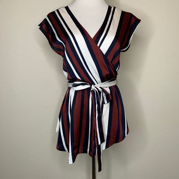 Express Blue Burgundy Strip Wrap Blouse Sz Small - Picture 1 of 9